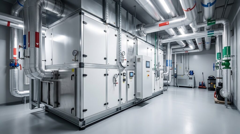 Unidade de Tratamento de Ar (UTA / Air Handling) em casa de máquinas industrial