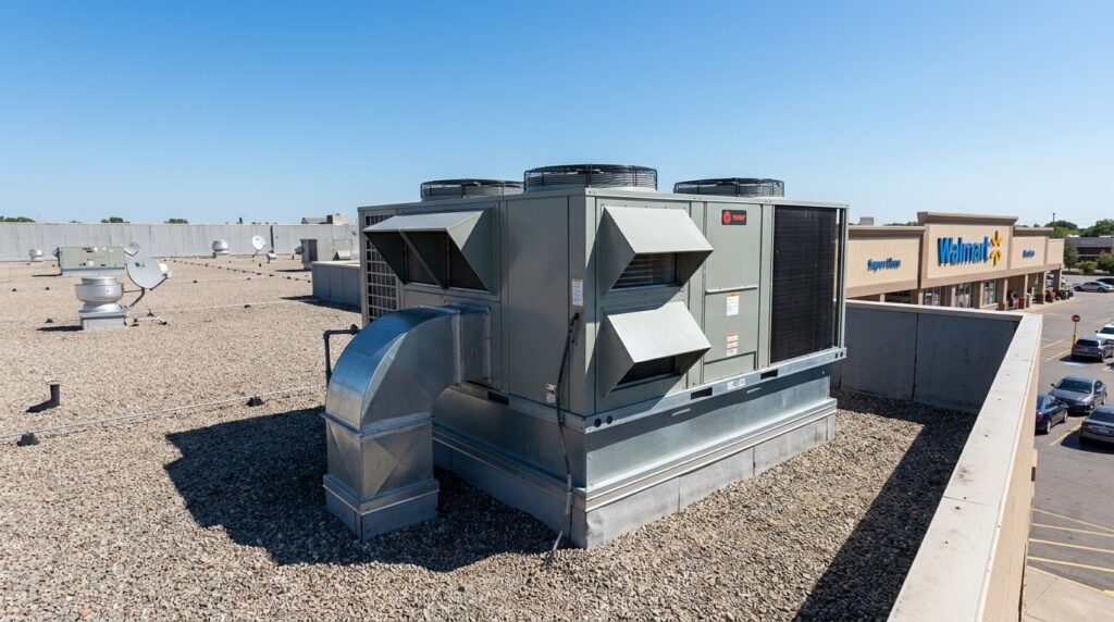 Equipamento rooftop de climatização instalado na cobertura de loja de varejo