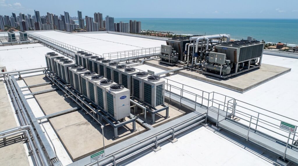 Sistema VRF/VRV com condensadoras em série na cobertura de edifício corporativo